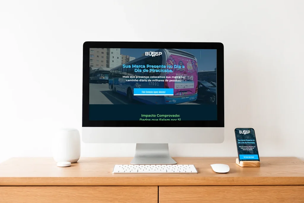 Mockup da Site One Page Bussp em uma tela de imac e iphone