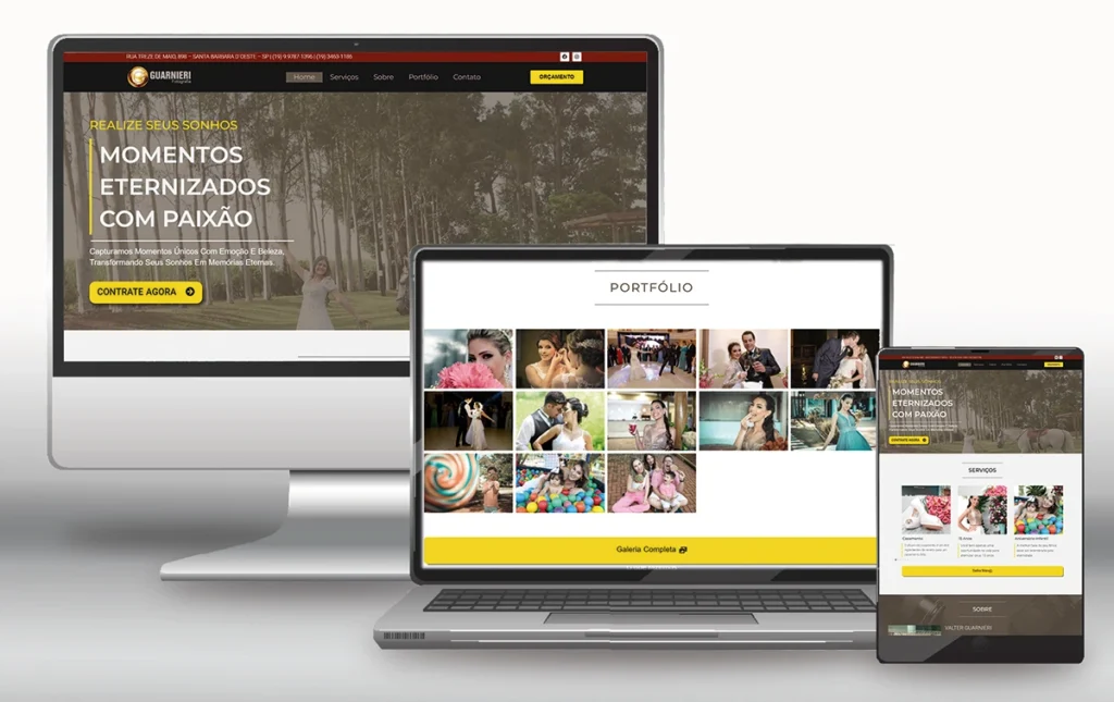 Mockup do site responsivo Guarnieri Fotos, exibindo o design otimizado para visualização em desktop, tablet e celular.